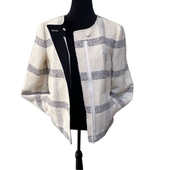 Tory Burch Wool Blend Ivory Black Plaid Blazer Zip Button Closure Women’s 10 M - Picture 13 of 14
